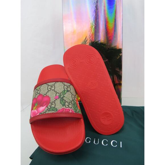 GUCCI 602096 GG SUPREME BLUM RED LEATHER CANVAS FLORAL SANDALS SLIDES 35 US 5 - Picture 4 of 12